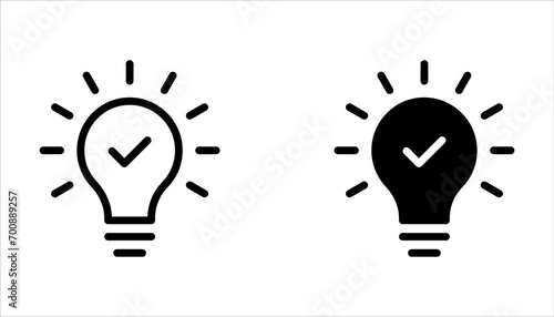 black bulb with checkmark like quick tip icon. flat stroke linear simple trend modern efficiency logotype design element isolated on white background.