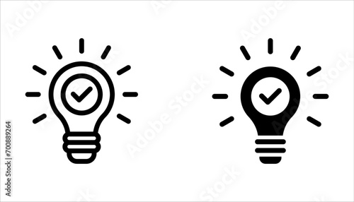 black bulb with checkmark like quick tip icon. flat stroke linear simple trend modern efficiency logotype design element isolated on white background.