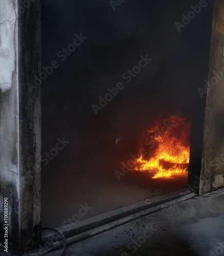 Large fire, simulation of large-scale fire using cooking gas inside the room, simulation of fire in the room, used as basic firefighter training.