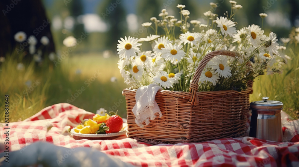 Wicker picnic basket filled with daisies on a red and white checkered blanket in a sunny field.