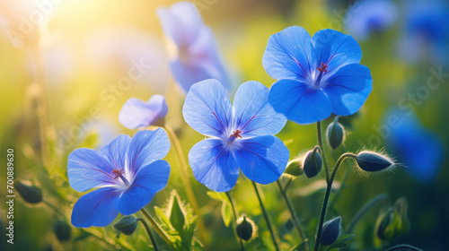 Vivid blue linum flowers basking in the warm sunlight, with water droplets glistening on their delicate petals in a lush field. photo