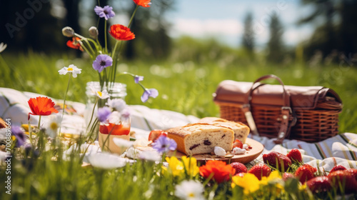 A delightful summer picnic scene with a basket, fresh strawberries, and cake amidst colorful wildflowers.