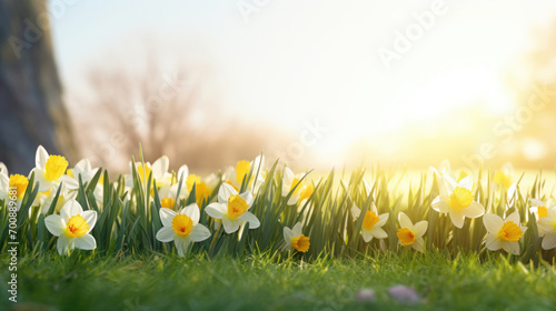 Field of bright daffodils blooming under the golden light of a sunrise, symbolizing new beginnings.