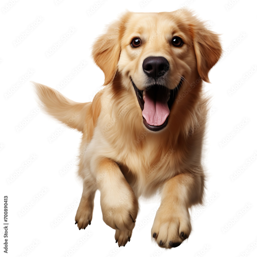Golden retriever dog jumping, isolated on transparent or white background