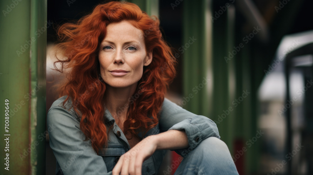 Portrait of smiling red hair, ginger 45 yo mid age woman outdoors Portrait of smiling red hair, ginger 45 yo mid age woman outdoors