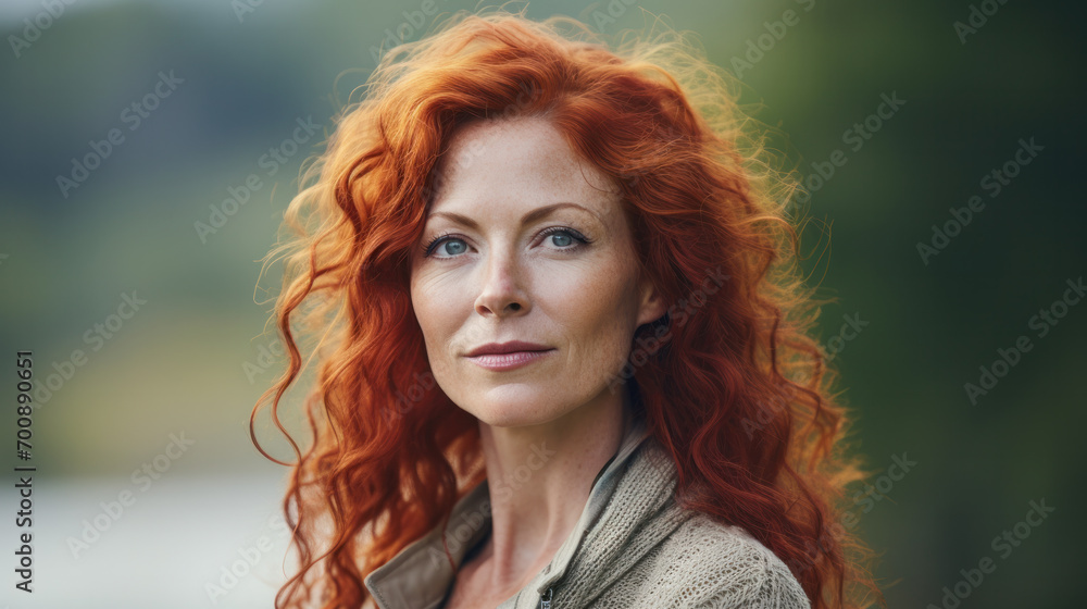 Portrait of smiling red hair, ginger 45 yo mid age woman outdoors Portrait of smiling red hair, ginger 45 yo mid age woman outdoors