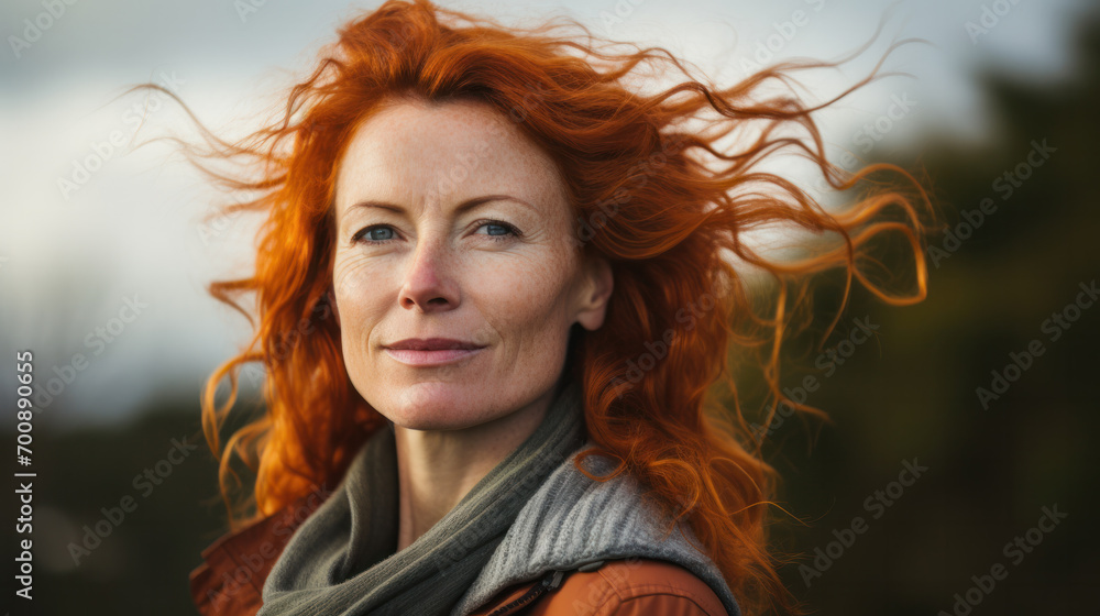 Portrait of smiling red hair, ginger 45 yo mid age woman outdoors