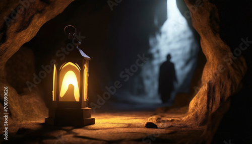 Halloween background with ghost and lantern in cave. Ghost tour adventures photo