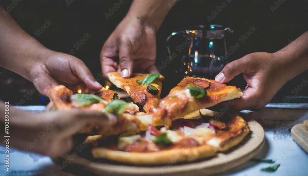 close up of hands taking slices of pizza from a plate in a restaurant