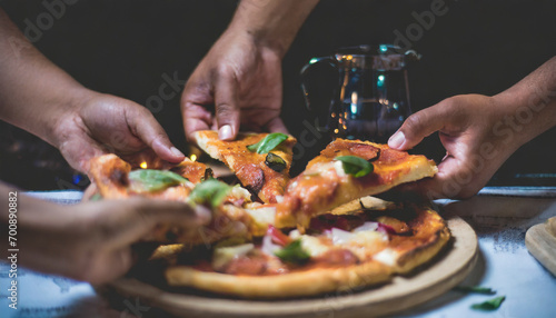 close up of hands taking slices of pizza from a plate in a restaurant