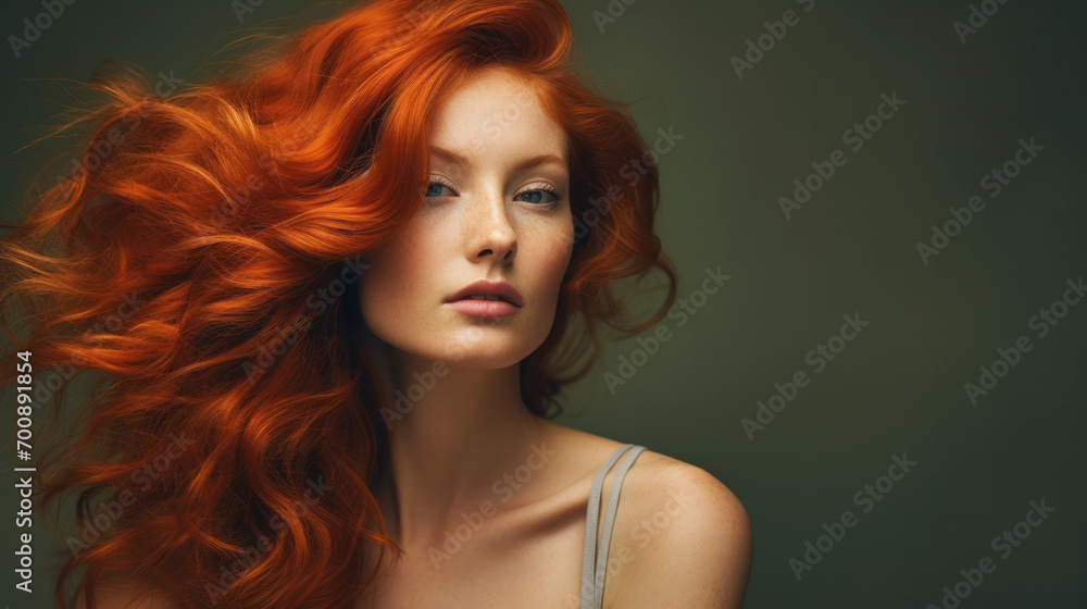 Beauty portrait of a red-haired beautiful glamor woman on studio background. With a copy space. Beauty portrait of a red-haired beautiful glamor woman on studio background. With a copy space.