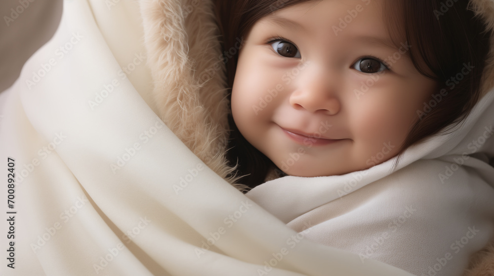A smiling Asian baby girl is covered in white soft blanket, top view. A smiling Asian baby girl is covered in white soft blanket, top view.