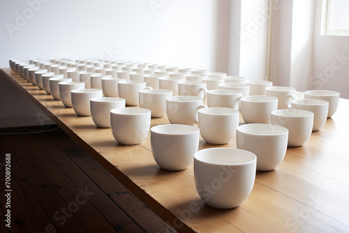 There is a row of white coffee cups on a wooden table, from far to near, with a white wall in the background