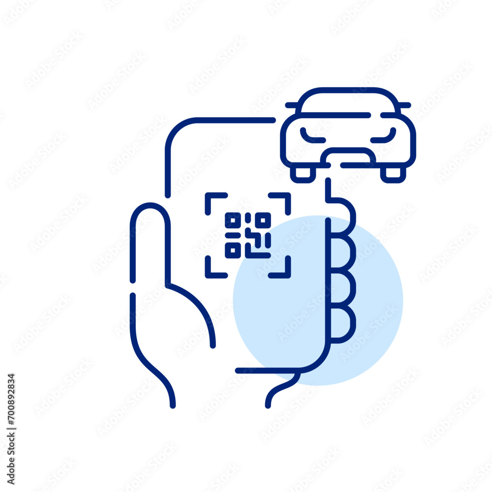 Hand holding smartphone with car sharing app. QR code and car. Pixel perfect, editable stroke icon Hand holding smartphone with car sharing app. QR code and car. Pixel perfect, editable stroke icon