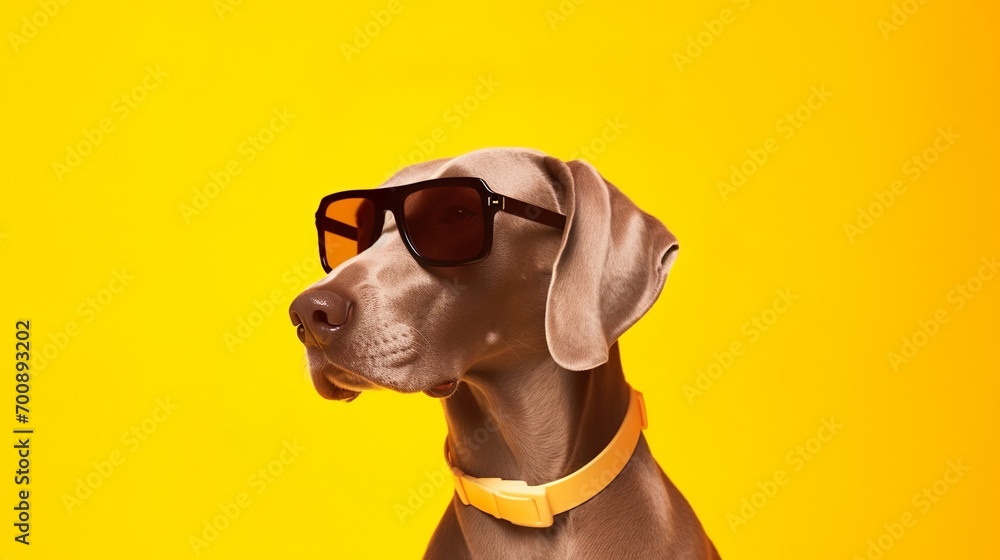 Fototapeta premium Funny dog wearing sunglasses on yellow pastel color background.