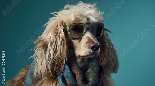 Funny dog wearing sunglasses on blue pastel color background. © krung99