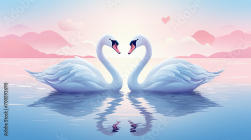 Two Stylized Swans Forming a Heart on a Serene Pink Lake at Sunset, Romantic Valentine Background © Kasper