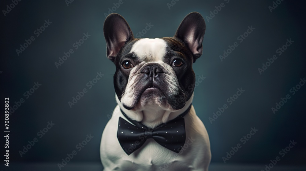 french bull dog wearing a neat suit and a bow tie.