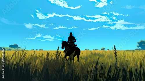 a silhouette of man riding a spotted horse through a field of rye, blue sky and sunny day.