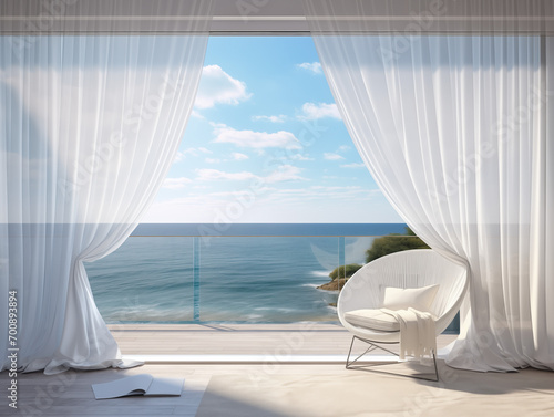 Photorealistic view of a blue sea from the window balcony of minimalistic room with white silk curtains  book  and round modern fabric chair  room to insert text