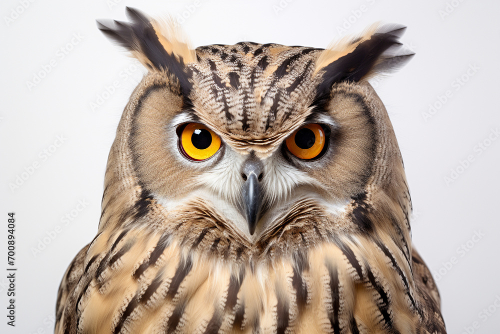 Fototapeta premium Eurasian Eagle-Owl close-up portrait on a white background.