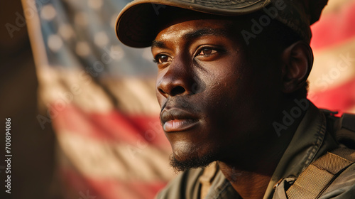 Portrait of an adult proud African American male patriot soldier against an American flag background looking away