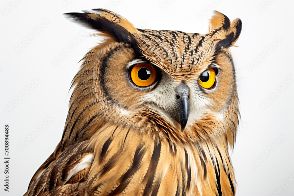 Fototapeta premium Eurasian Eagle-Owl close-up portrait on a white background.