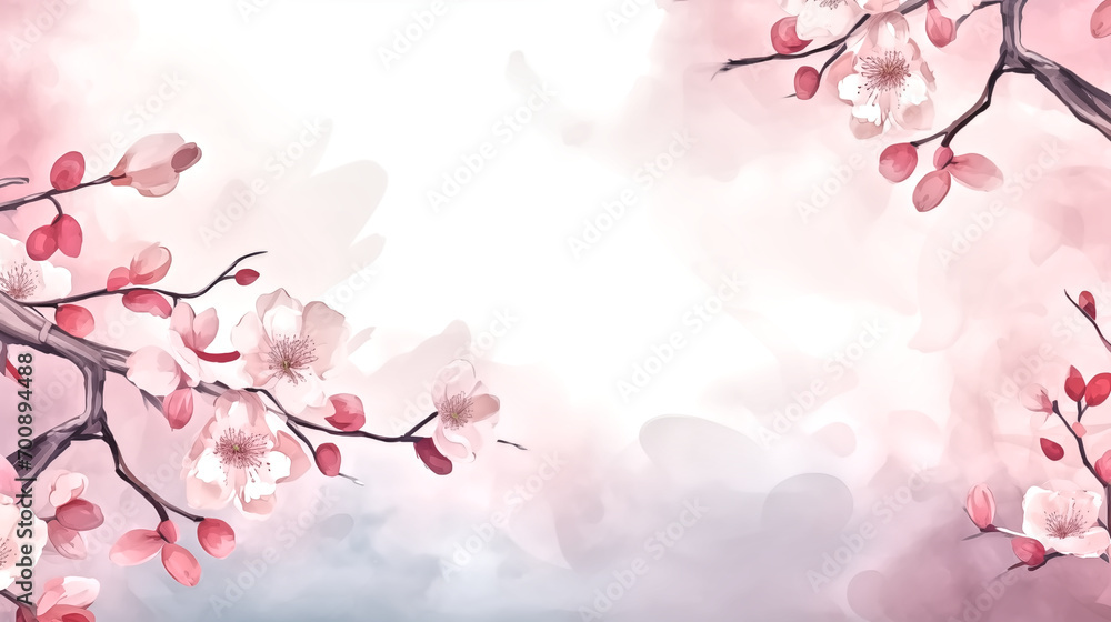 Chinese new year watercolor flowers branch and chinese lantern o