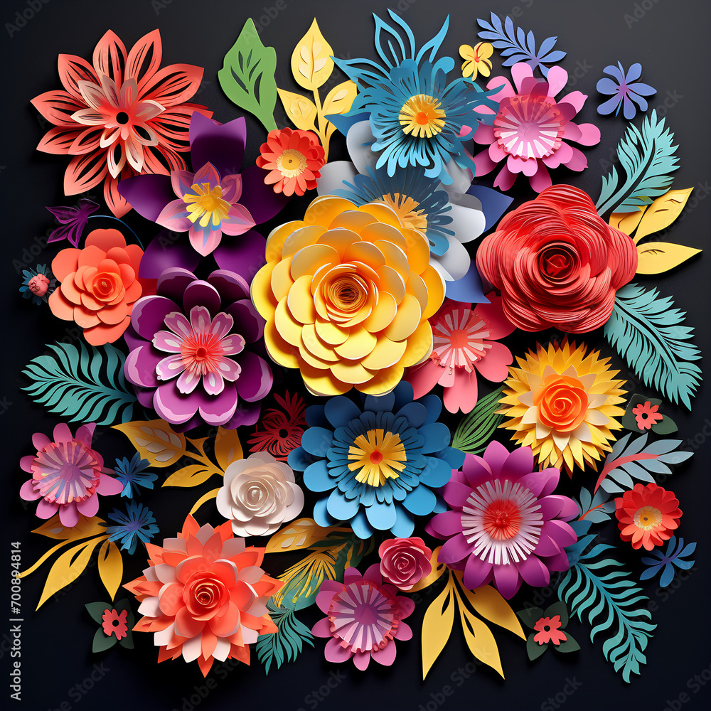 Bright paper flower arragement on black background. Paper cut flower for decoration and pasting. Origami. Bright paper flower arragement on black background. Paper cut flower for decoration and pasting. Origami.