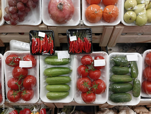 Group of fresh vegetables and fruits packed with stretch on supermarket counter of groceries. tomatoes in plastic container.  transparent foil vegetable wrap. Packed tomatoes background.  tomatoes box