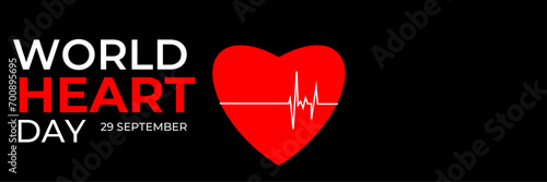 Emblem of World Heart Day with image of red heart on dark background. Medical sign on 29th of September. heart and pulse trace. suit for banner, cover, flyer, poster, backdrop, plain, texture. vector