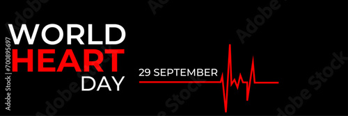 Emblem of World Heart Day with image of red heart on dark background. Medical sign on 29th of September. heart and pulse trace. suit for banner, cover, flyer, poster, backdrop, plain, texture. vector