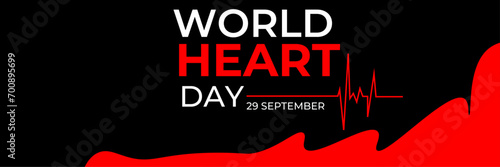 Emblem of World Heart Day with image of red heart on dark background. Medical sign on 29th of September. heart and pulse trace. suit for banner, cover, flyer, poster, backdrop, plain, texture. vector