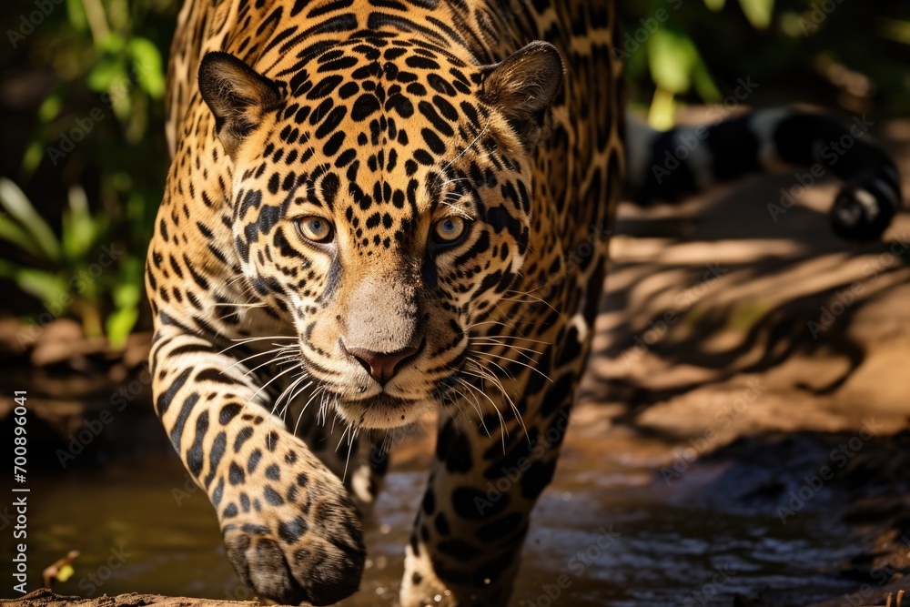 Obraz premium Beautiful and endangered american jaguar in the nature habitat panthera onca wild brasil brasilian wildlife.