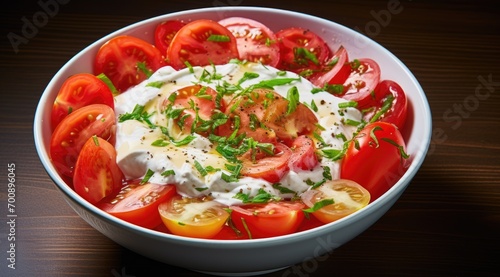A bowl of plain yogurt and tomatoes