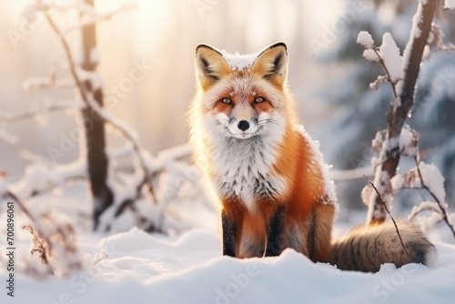 Red fox in winter. Portrait of red fox, Vulpes vulpes, standing in winter forest in snowfall. © kardaska