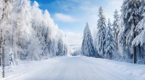 Empty frozen road through idyllic snowy forest in winter. © kardaska