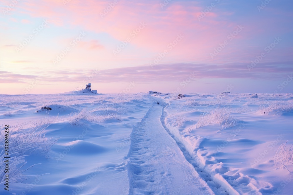 Snow covered prairie at dawn, where the untouched landscape glows in soft pastel hues, inviting contemplation and appreciation for the pristine wilderness
