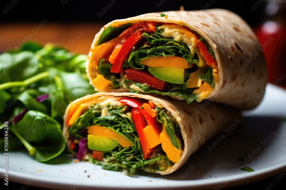 Close-up shot of a colorful veggie wrap, showcasing the crispness of bell peppers, hummus, and fresh spinach. - obrazy, fototapety, plakaty 