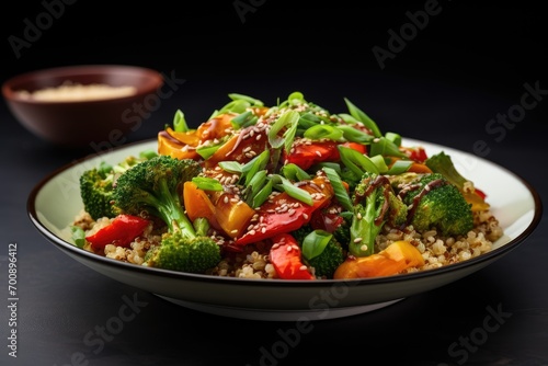 Quinoa and vegetable stir-fry  highlighting the vibrant colors and textures of the nutritious ingredients.