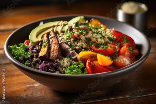 Nourishing grain bowl featuring quinoa, black beans, and roasted vegetables.