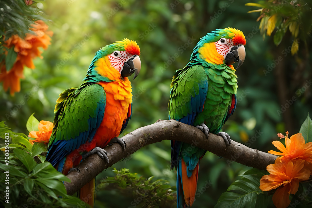 A group of colorful parrots in a forest
