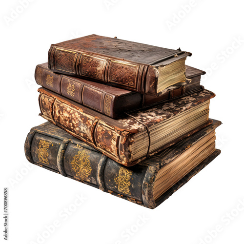 Four old books cut out with leather cover isolated on transparent background, clipping path, png,