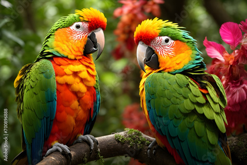 A group of colorful parrots in a forest © AungThurein