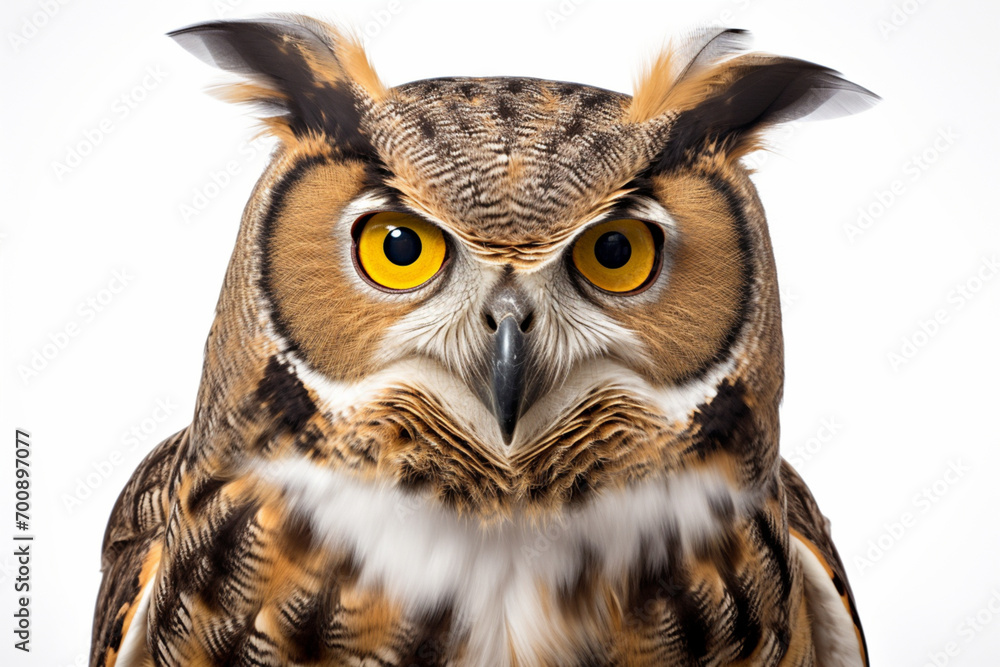 Obraz premium Great Horned Owl close-up portrait on a white background.