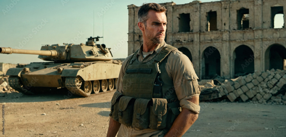 mature soldier man in uniform, destroyed city ruins after attack ...