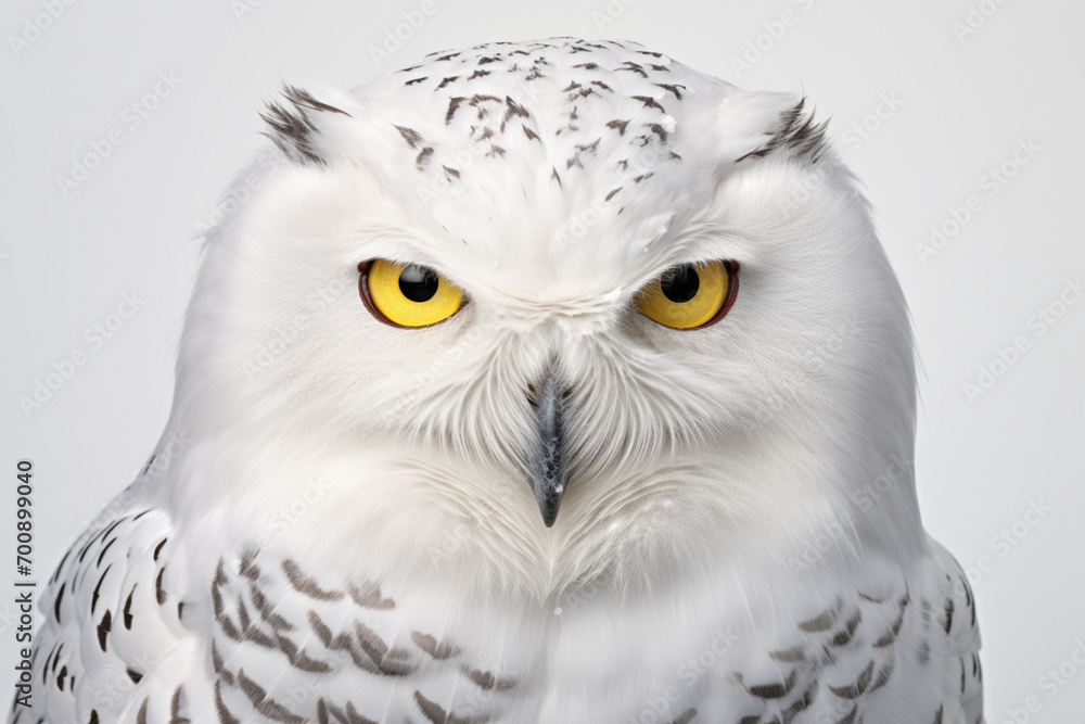 Obraz premium Snowy Owl close-up portrait on a white background.