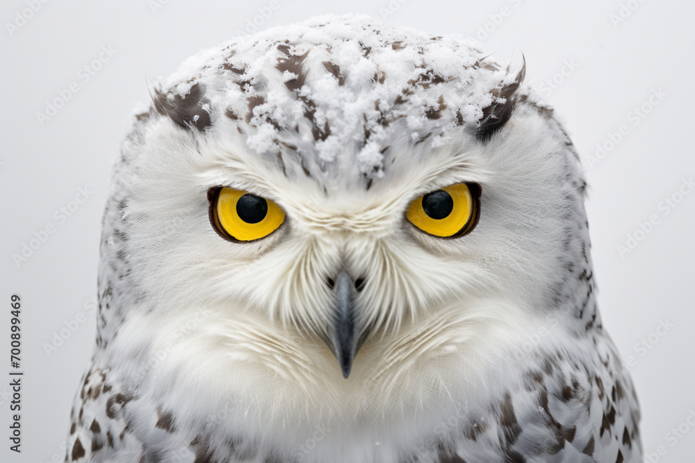 Snowy Owl close-up portrait on a white background. Snowy Owl close-up portrait on a white background.