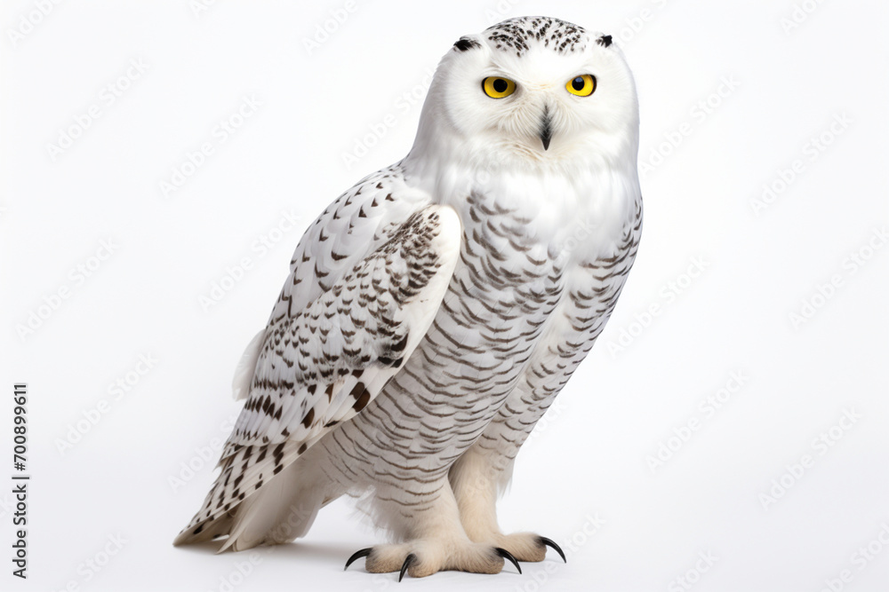Snowy Owl portrait on a white background. Adorable bird studio photography Snowy Owl portrait on a white background. Adorable bird studio photography