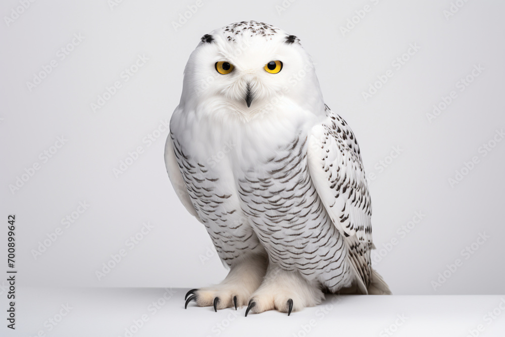 Snowy Owl portrait on a white background. Adorable bird studio photography Snowy Owl portrait on a white background. Adorable bird studio photography